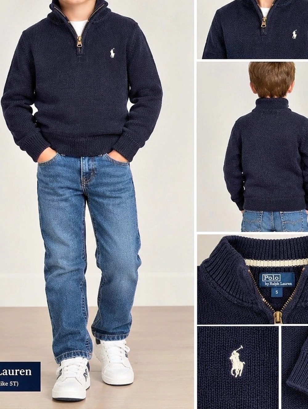 Vintage 90s Polo Ralph Lauren Kids Navy Blue quarter-zip Knit Sweater Boys Size